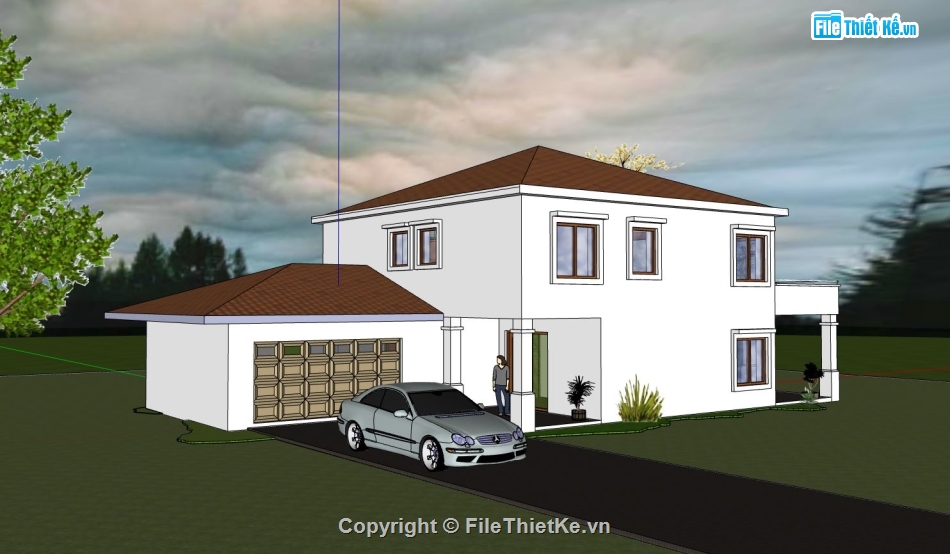 sketchup nhà 2 tầng,phối cảnh nhà 2 tầng,model su nhà phố 2 tầng,mẫu nhà 2 tầng đẹp