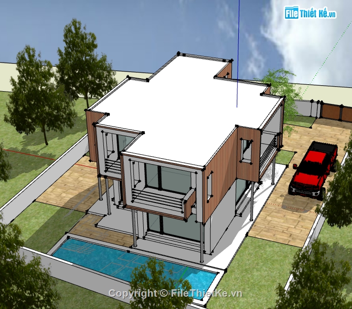 Biệt thự mái bằng file sketchup,biệt thự 2 tầng file su,dựng biệt thự 2 tầng model su