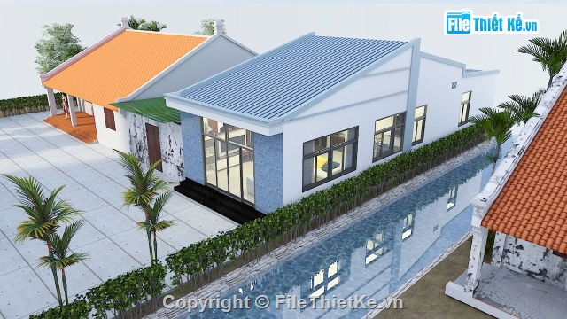 Nhà cấp 4 4x20m,thiết kế nhà cấp 4,sketchup nhà cấp 4 hiện đại,phối cảnh nhà cấp 4 sketchup,mẫu nhà cấp 4 hiện đại