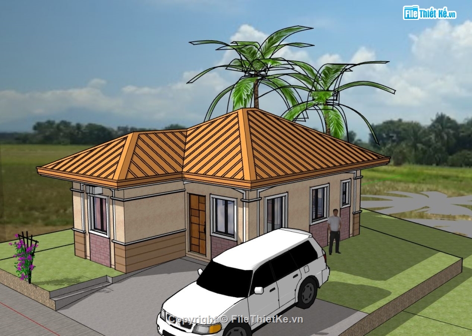 nhà cấp 4,nhà cấp 4 sketchup,phối cảnh nhà cấp 4,thiết kế nhà cấp 4 nông thôn