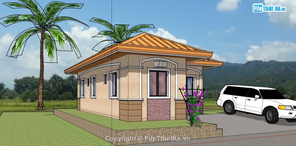 nhà cấp 4,nhà cấp 4 sketchup,phối cảnh nhà cấp 4,thiết kế nhà cấp 4 nông thôn