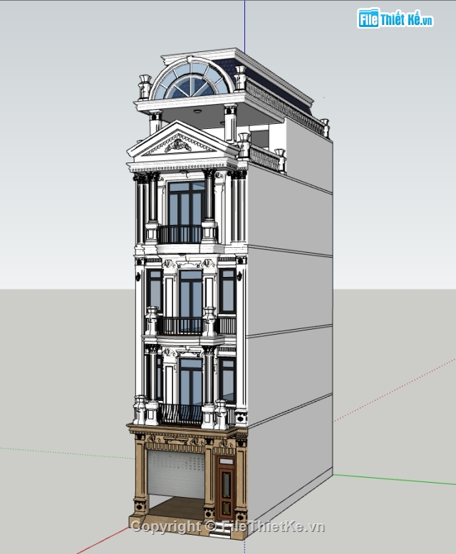 nhà phố mặt tiền 5m,kiến trúc kiểu pháp,phối cảnh nhà phố,model sketchup nhà phố 3 tầng,model sketchup nhà hiện đại