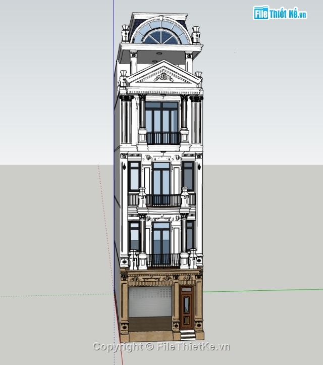 nhà phố mặt tiền 5m,kiến trúc kiểu pháp,phối cảnh nhà phố,model sketchup nhà phố 3 tầng,model sketchup nhà hiện đại