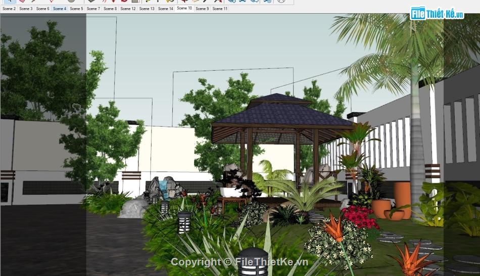 file su nhà 1 tầng,Nhà mái thái 1 tầng sketchup,su biệt thự 1 tầng mái nhật,bao cảnh biệt thự 1 tầng