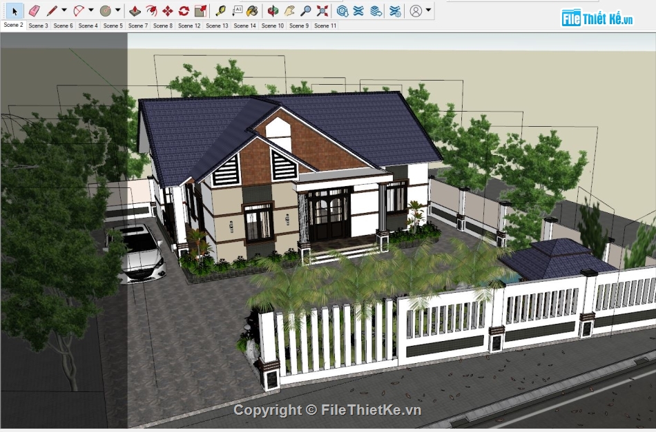 file su nhà 1 tầng,Nhà mái thái 1 tầng sketchup,su biệt thự 1 tầng mái nhật,bao cảnh biệt thự 1 tầng