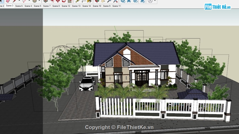 file su nhà 1 tầng,Nhà mái thái 1 tầng sketchup,su biệt thự 1 tầng mái nhật,bao cảnh biệt thự 1 tầng