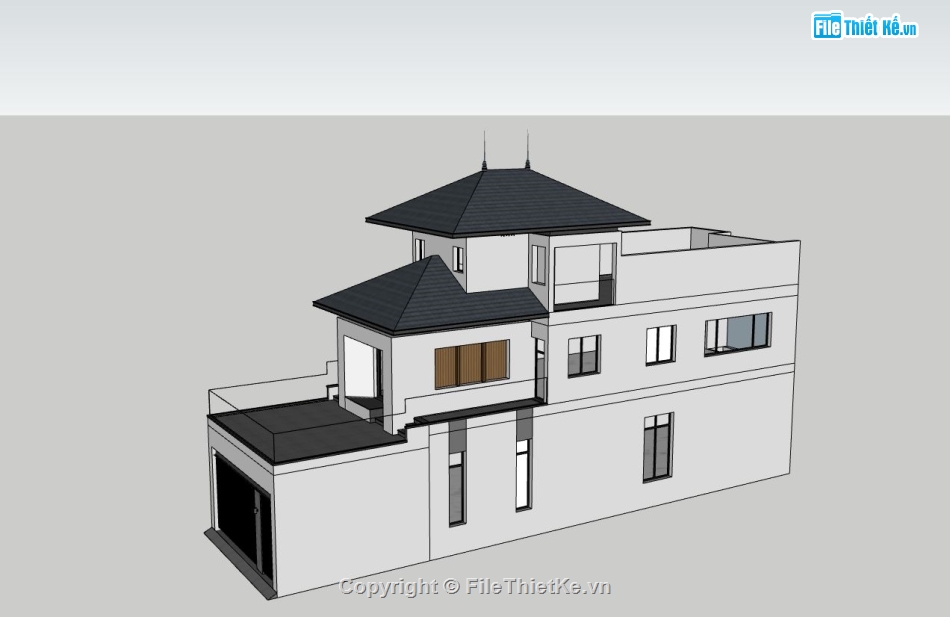 nhà phố sketchup,nhà phố 2 tầng 1 tum,nhà phố hiện đại,phối cảnh nhà phố