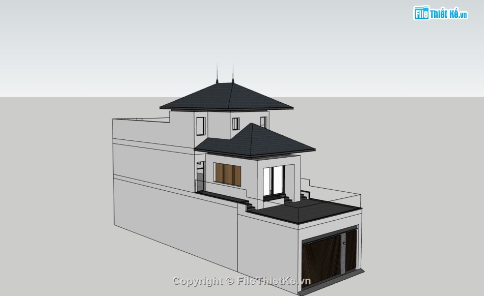 nhà phố sketchup,nhà phố 2 tầng 1 tum,nhà phố hiện đại,phối cảnh nhà phố