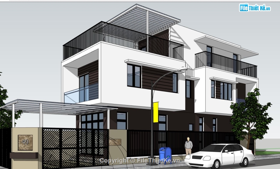 nhà phố sketchup,nhà phố 2 tầng 1 tum,phối cảnh nhà phố 2 tầng,nhà phố 3 tầng
