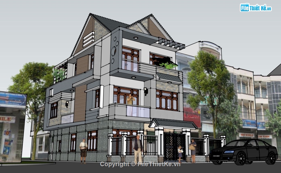 nhà phố 2 mặt tiền,nhà phố 3 tầng,model sketchup nhà phố 3 tầng,phối cảnh nhà phố 3 tầng