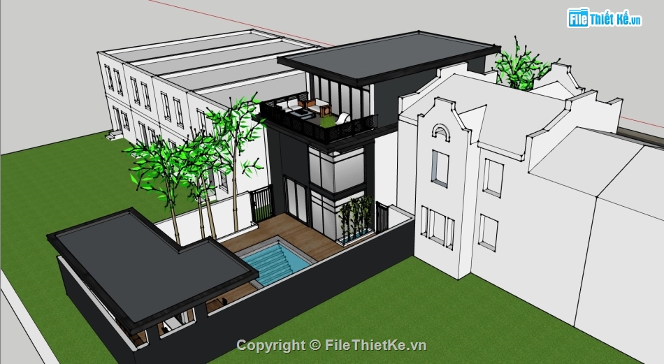 nhà phố 3 tầng,file sketchup nhà phố 3 tầng,phối cảnh nhà phố 3 tầng