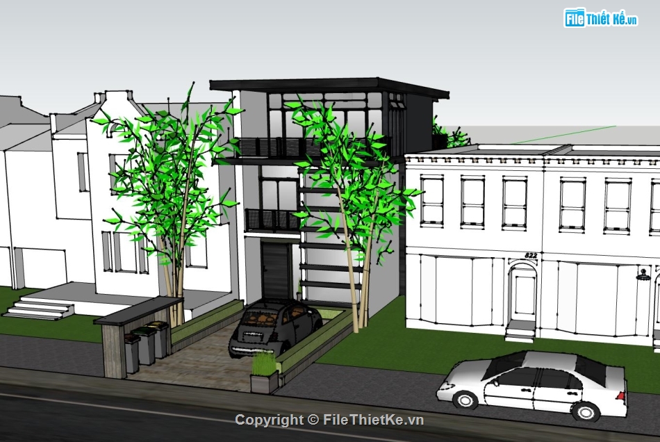 nhà phố 3 tầng,file sketchup nhà phố 3 tầng,phối cảnh nhà phố 3 tầng