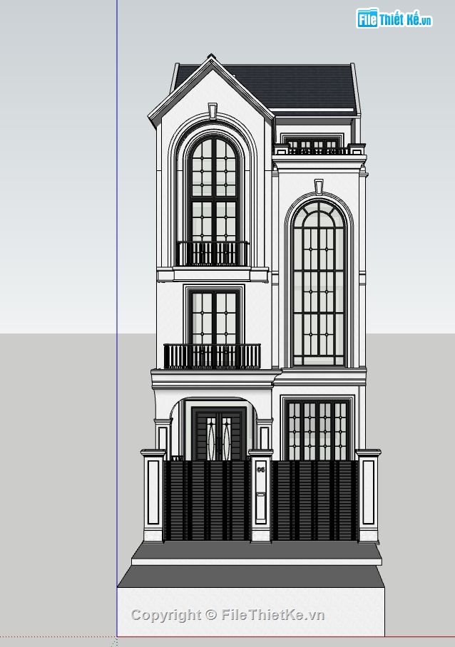 nhà phố 3 tầng 7.5x20m,nhà phố 3 tầng,model su nhà phố 3 tầng,file sketchup nhà phố 3 tầng