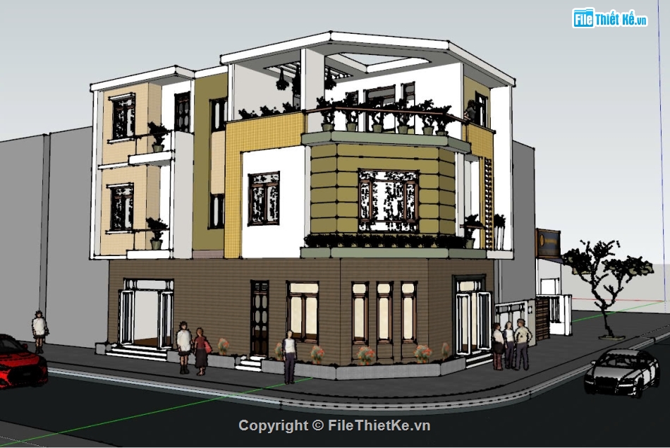 nhà phố sketchup,sketchup nhà lô phố 3 tầng,File sketchup nhà,nhà lô góc phố,nhà phố 3 tầng