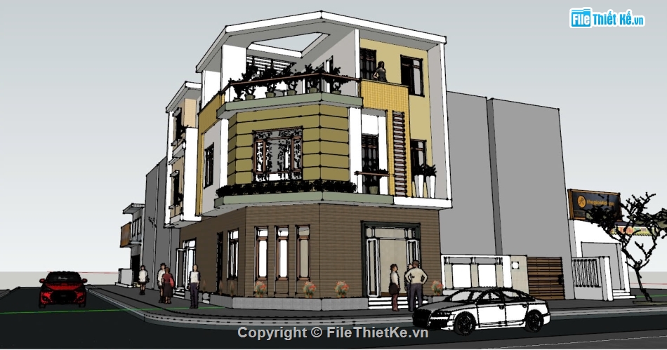 nhà phố sketchup,sketchup nhà lô phố 3 tầng,File sketchup nhà,nhà lô góc phố,nhà phố 3 tầng