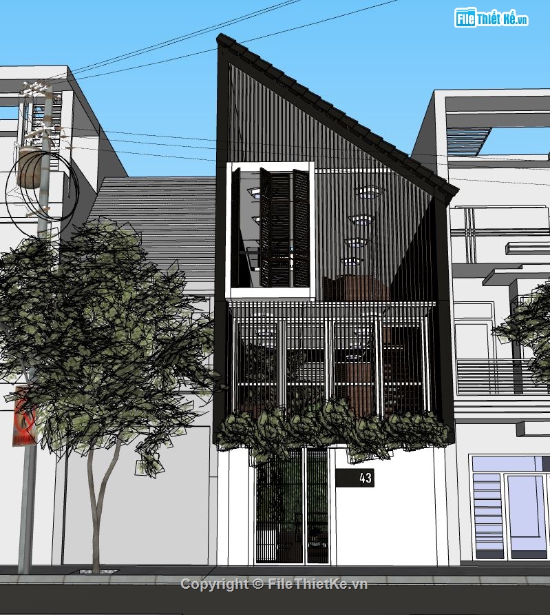 nhà phố 3 tầng,Model sketchup nhà phố 3 tầng,nhà phố mái chéo,mẫu nhà phố 3 tầng