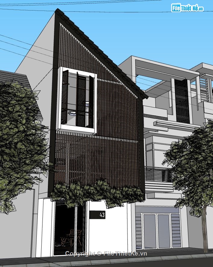 nhà phố 3 tầng,Model sketchup nhà phố 3 tầng,nhà phố mái chéo,mẫu nhà phố 3 tầng