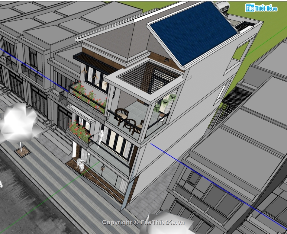 File Sketchup Nhà 3 tầng,File Sketchup Nhà phố,Sketchup Nhà phố 3 tầng,File su Nhà lệch tầng,File su 6.5x15m 3 tầng