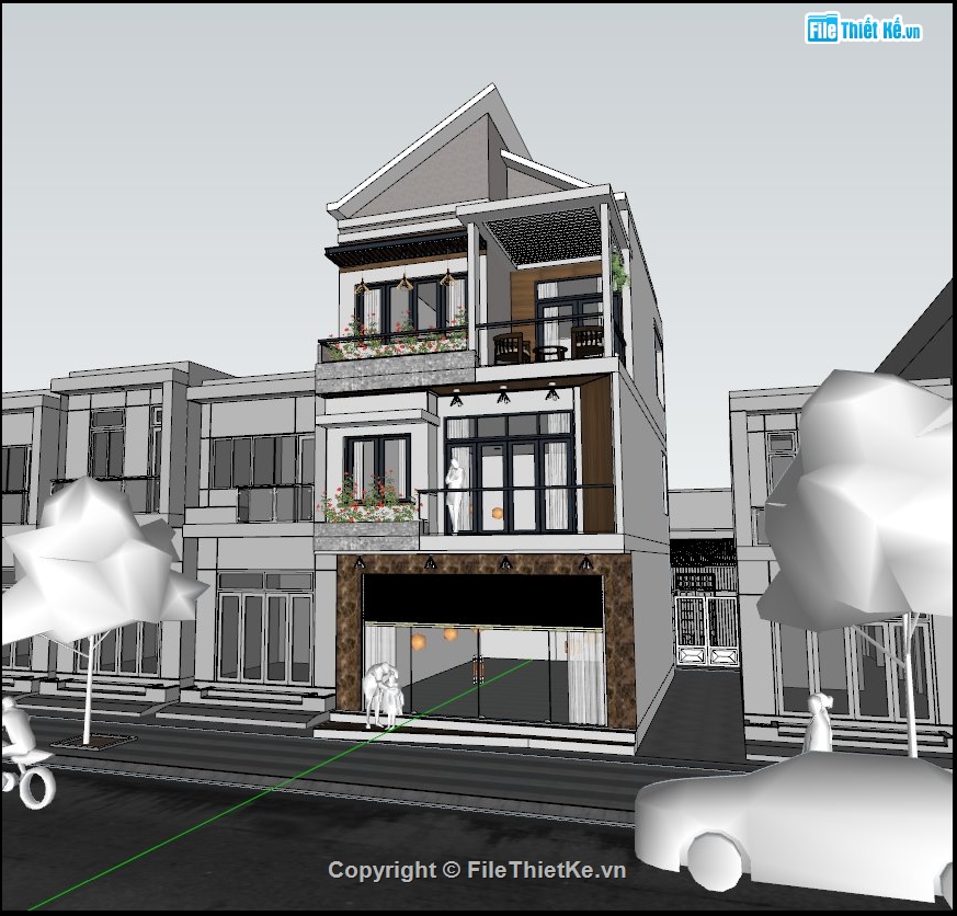 File Sketchup Nhà 3 tầng,File Sketchup Nhà phố,Sketchup Nhà phố 3 tầng,File su Nhà lệch tầng,File su 6.5x15m 3 tầng