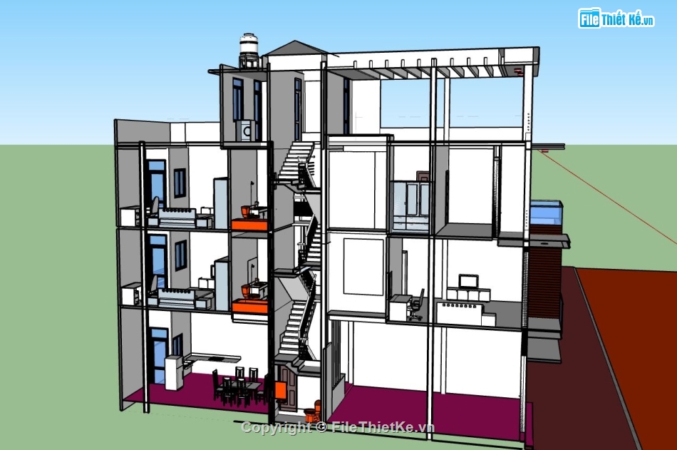 nhà 4 tầng,file nhà phố sketchup,file nhà phố 4 tầng,phối cảnh nhà phố 4 tầng đẹp