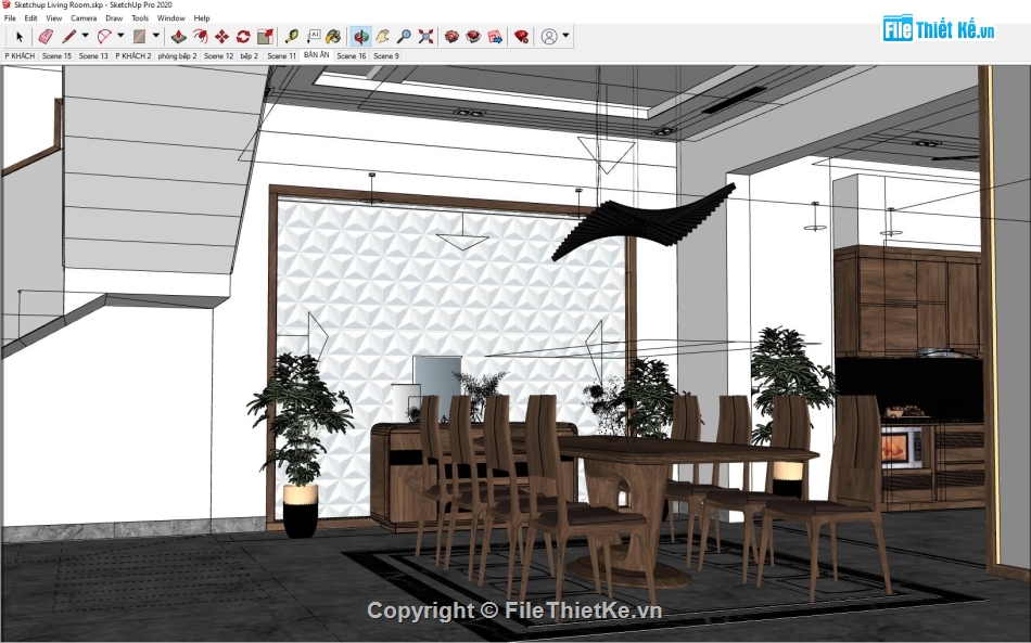 Sketchup phòng ăn,nội thất phòng bếp,3D Sketchup gỗ óc chó,Sketchup nội thất đồ gỗ óc chó,nội thất phòng khách,Sketchup bàn ăn