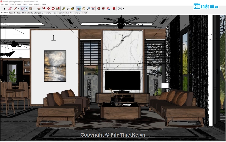 Sketchup phòng ăn,nội thất phòng bếp,3D Sketchup gỗ óc chó,Sketchup nội thất đồ gỗ óc chó,nội thất phòng khách,Sketchup bàn ăn