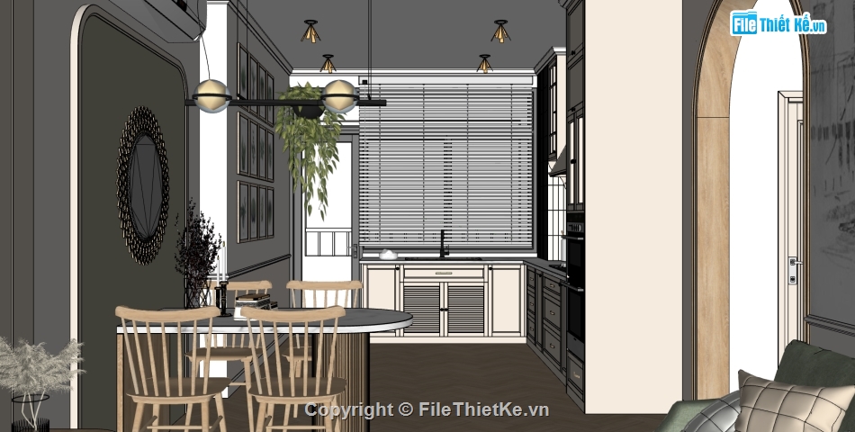 sketchup nội thất phòng khách,nội thất phòng bếp dựng model su,sketchup phòng khách hiện đại,model su nội thất khách bếp