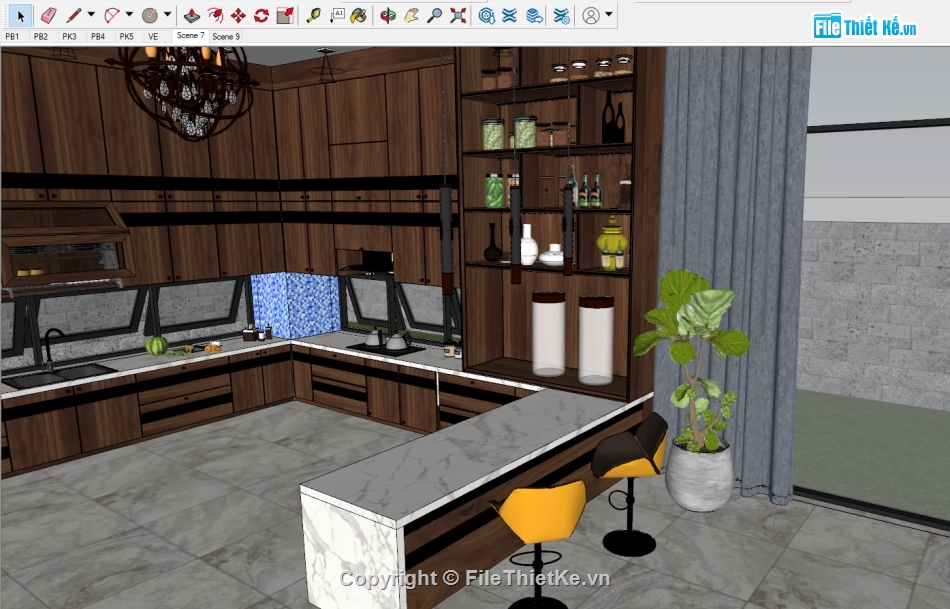 sketchup nội thất bếp,file sketchup nội thất,nội thất phòng khách bếp,model su nội thất khách bếp,sketchup nội thất khách bếp