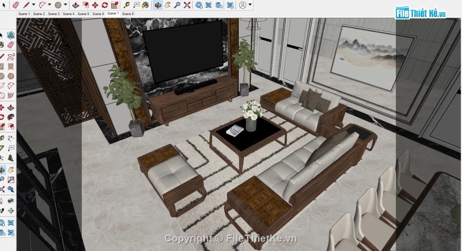 Model su nội thất phòng khách,nội thất phòng khách file su,nội thất đồ gỗ óc chó,file sketchup đồ gỗ óc chó,nội thất phòng khách model su