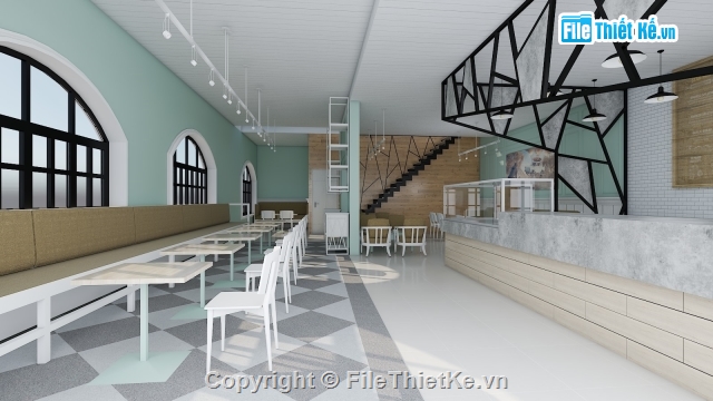 quán cafe 2 tầng,Sketch Up nội thất,nội thất quán cafe,thiết kế nội thất coffe 2 tầng