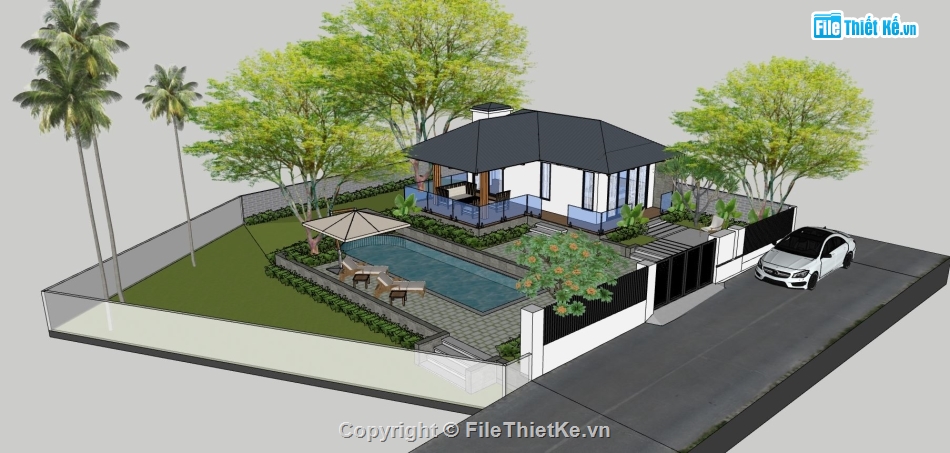 biệt thự 1 tầng,biệt thự nhà vườn,sketchup biệt thự nhà vườn