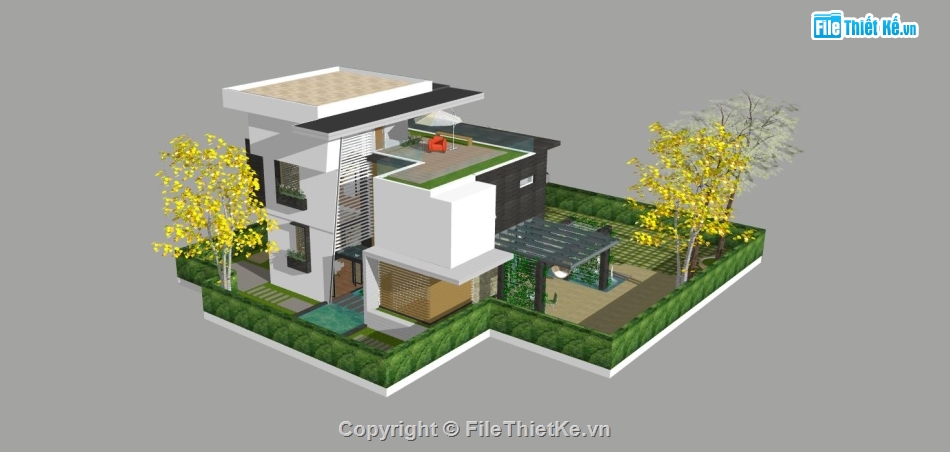 phối cảnh villa model sketchup,villa 2 tầng model su,biệt thự 2 tầng 1 tum sketchup