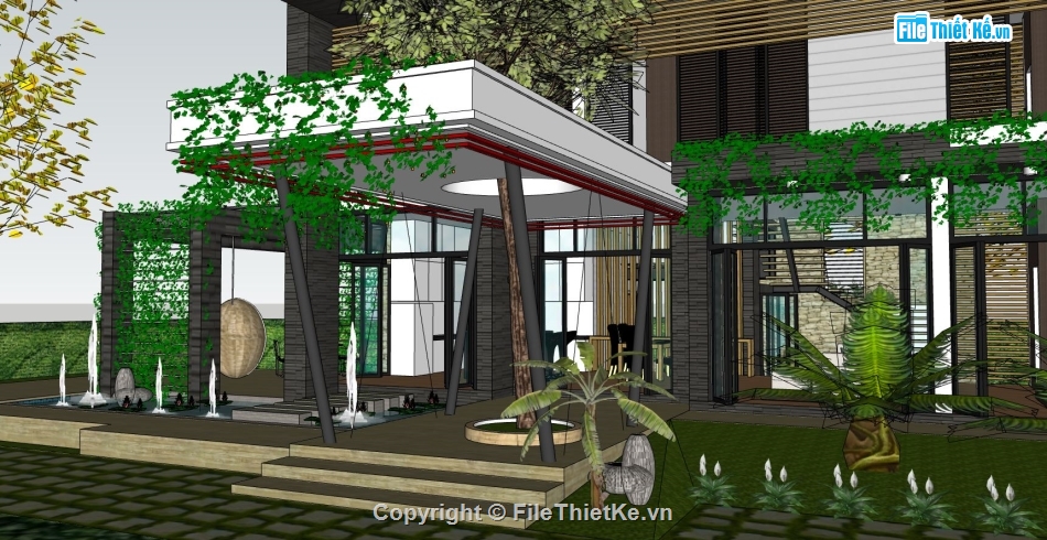 phối cảnh villa model sketchup,villa 2 tầng model su,biệt thự 2 tầng 1 tum sketchup