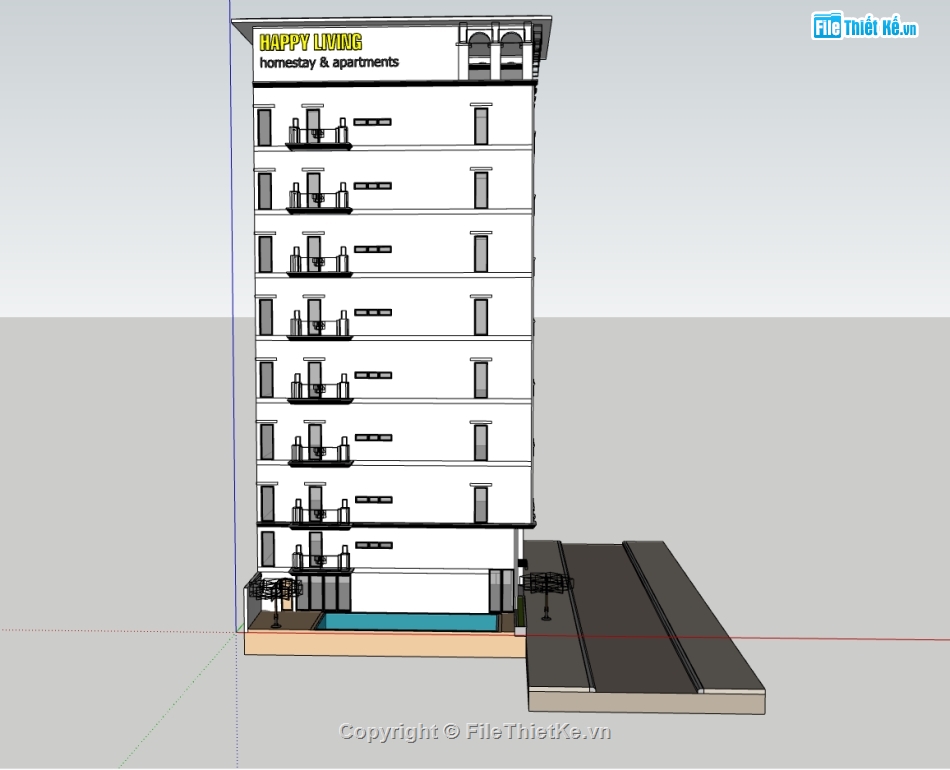 sketchup phối cảnh,kiến trúc căn hộ 9 tầng,file cad homsetay,phối cảnh homestay