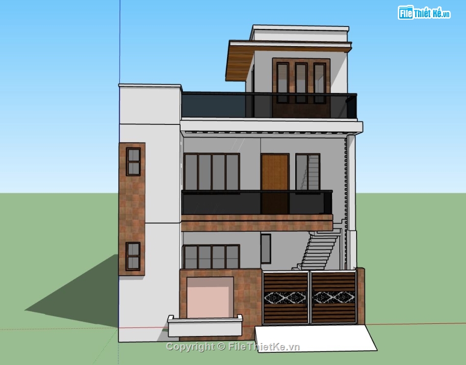 nhà phố 2 tầng 1 tum,phối cảnh nhà phố,sketchup nhà phố 2 tầng,model nhà phố 2 tầng 1 tum