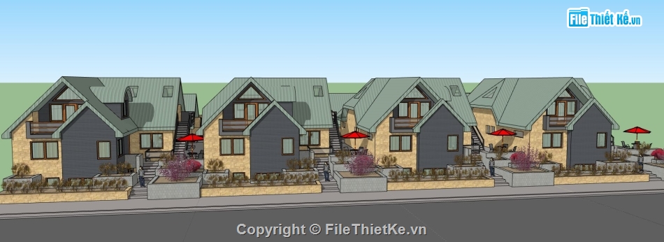 sketchup biệt thự 1 tầng,biệt thự 1 tầng đơn lập,model su biệt thự 1 tầng,phối cảnh biệt thự 1 tầng