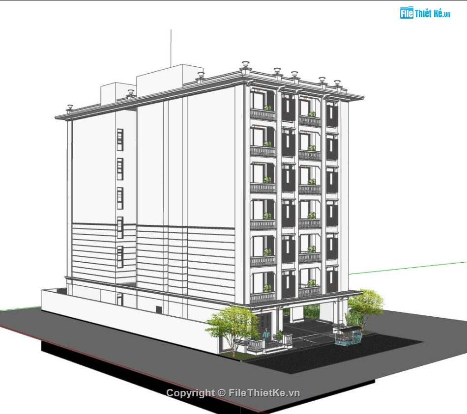 thiết kế khách sạn,sketchup khách sạn 7 tầng,phối cảnh khách sạn 7 tầng,bản vẽ khách sạn 7 tầng