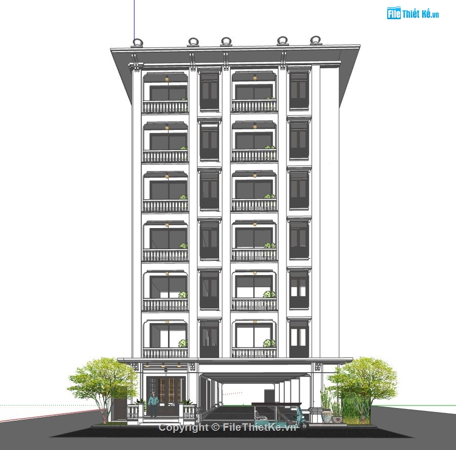 thiết kế khách sạn,sketchup khách sạn 7 tầng,phối cảnh khách sạn 7 tầng,bản vẽ khách sạn 7 tầng