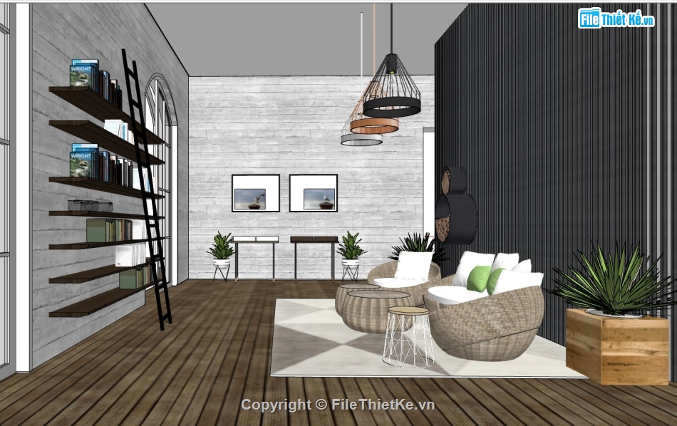 thiết kế nội thất sketchup,sketchup nội thất phòng đọc sách,3d su phòng sách