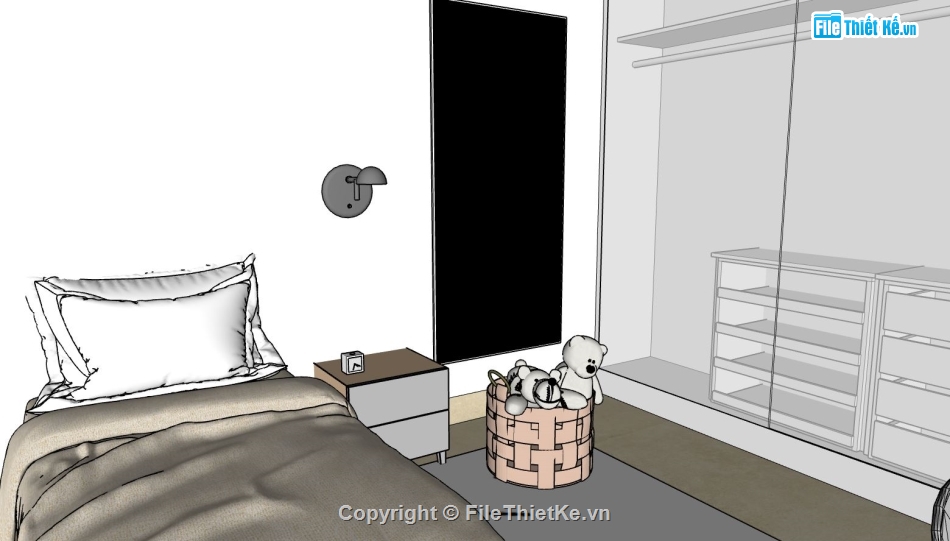 phòng ngủ sketchup,thiết kế phòng ngủ sketchup,mẫu phòng ngủ đơn giản,file su phòng ngủ đẹp