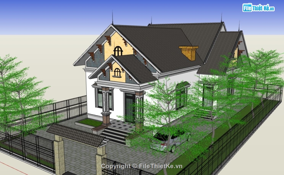 biệt thự mái thái,file su biệt thự,sketchup biệt thự