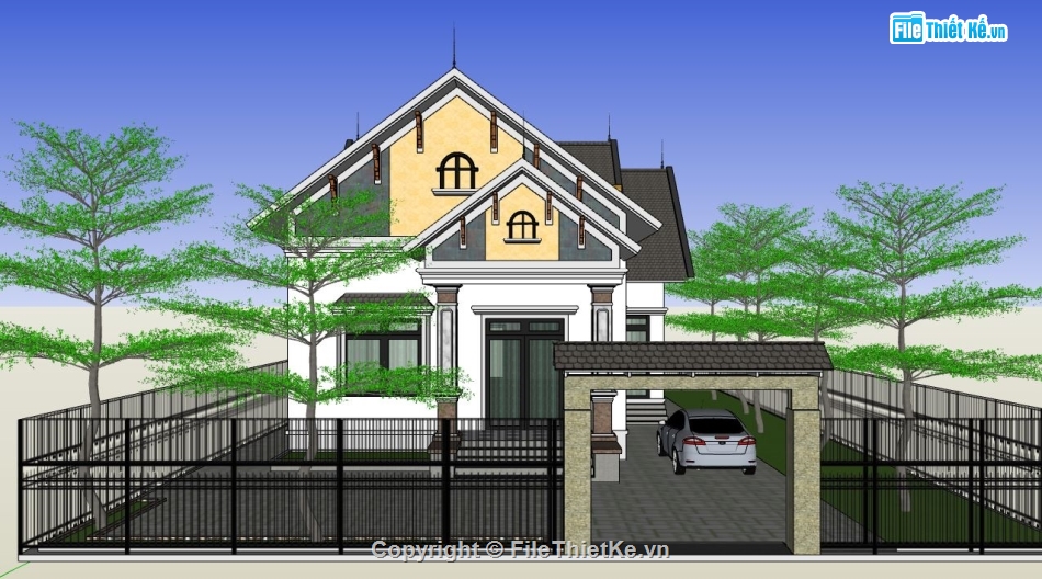 biệt thự mái thái,file su biệt thự,sketchup biệt thự