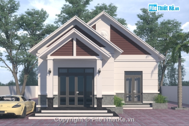 SU biệt thự 1 tầng,Sketchup biệt thự 1 tầng,mái thái 1 tầng,biệt thự mái thái