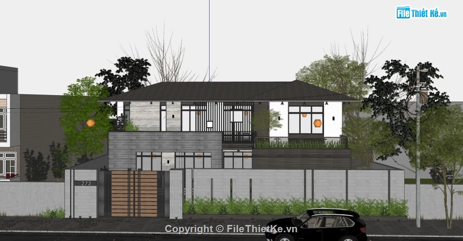 Biệt thự 2 tầng file su,File sketchup biệt thự 2 tầng,Biệt thự 2 tầng 15.7x10.7m,Model su biệt thự 2 tầng