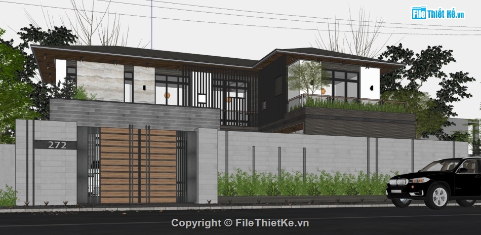 Biệt thự 2 tầng file su,File sketchup biệt thự 2 tầng,Biệt thự 2 tầng 15.7x10.7m,Model su biệt thự 2 tầng
