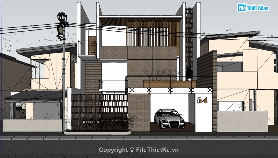 Model su Biệt thự 3 tầng,File sketchup Biệt thự 3 tầng,Biệt thự 3 tầng 10x16m,Sketchup Biệt thự 3 tầng