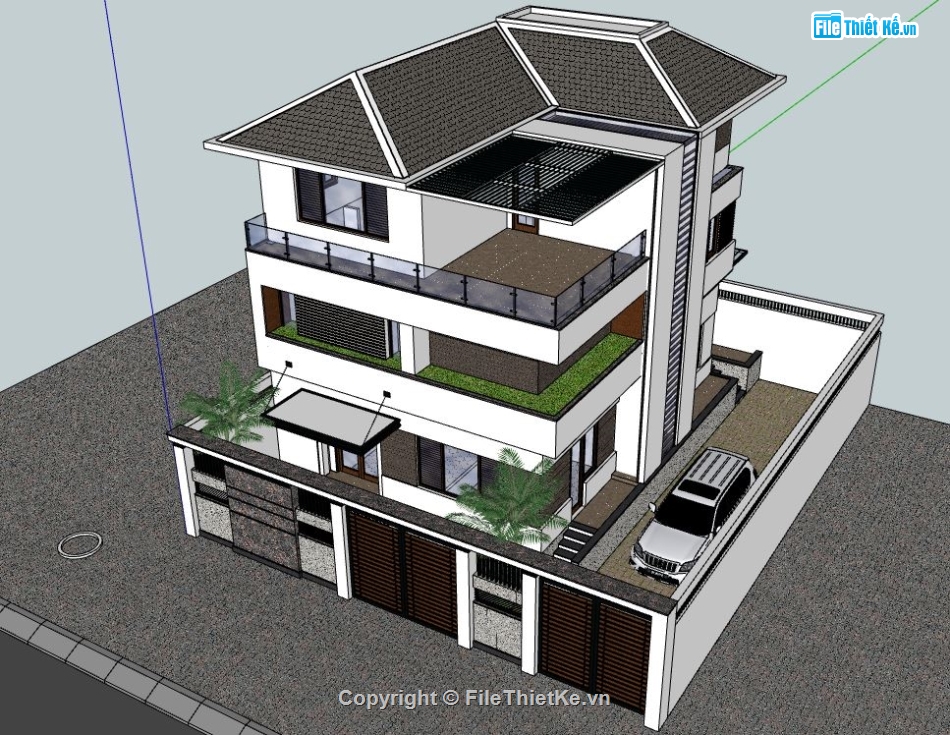 biệt thự 3 tầng,su biệt thự 3 tầng,file sketchup biệt thự 3 tầng