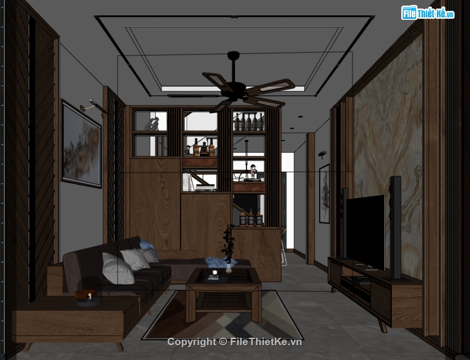 sketchup nội thất phòng khách bếp,phòng khách bếp dựng file sketchup,model 3d phòng khách,bếp ăn dựng 3d su