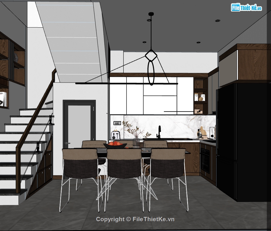 sketchup nội thất phòng khách bếp,phòng khách bếp dựng file sketchup,model 3d phòng khách,bếp ăn dựng 3d su