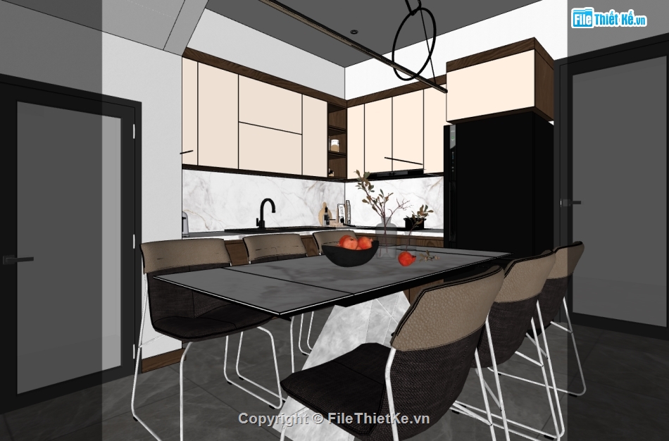 sketchup nội thất phòng khách bếp,phòng khách bếp dựng file sketchup,model 3d phòng khách,bếp ăn dựng 3d su